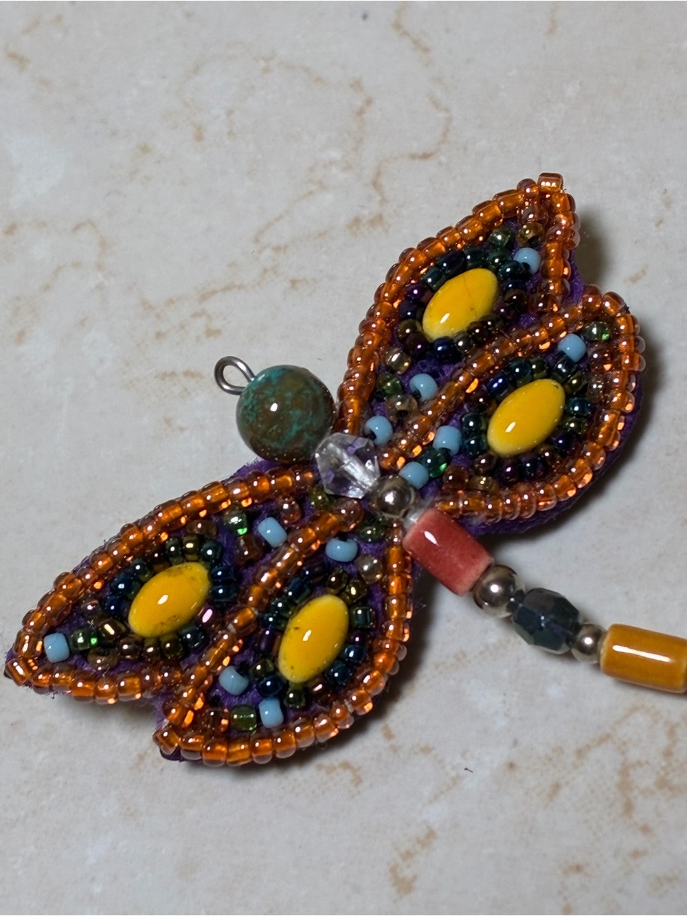 Beaded Dragonfly Brooch with Yellow Accents
